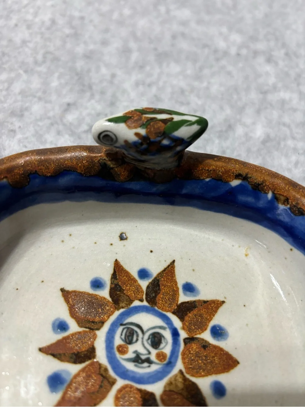 Mexican pottery dish oval ceramic with sun, floral & bird design